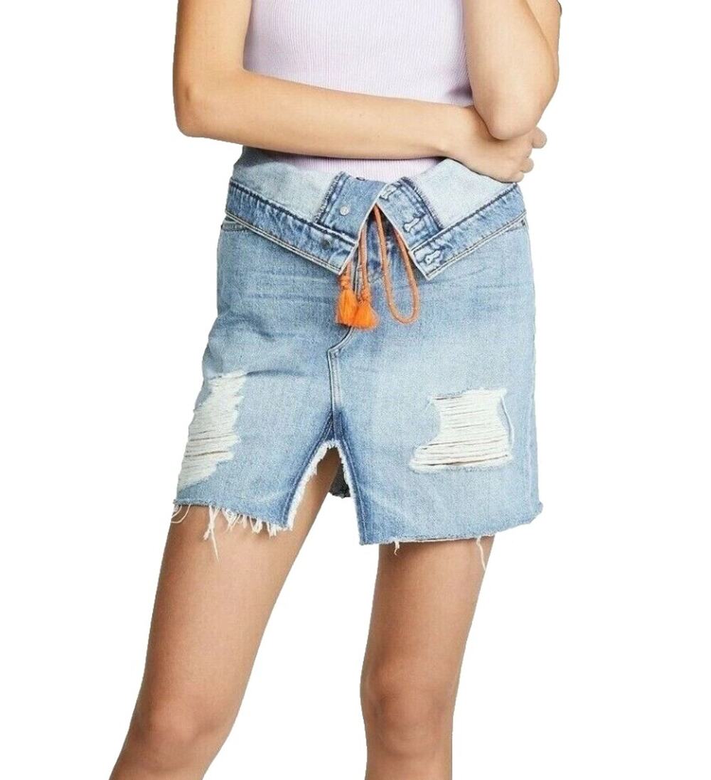 Hudson Women Blue Distressed Denim Sloane High Rise Foldover Waist Skirt Size 25